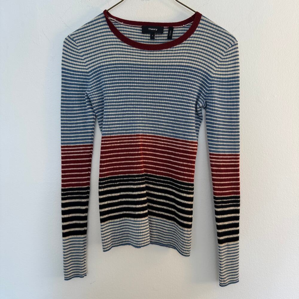 Theory Mirzi Refine 100% Merino Wool Striped Ribbed Sweater Multicolor S Luxury